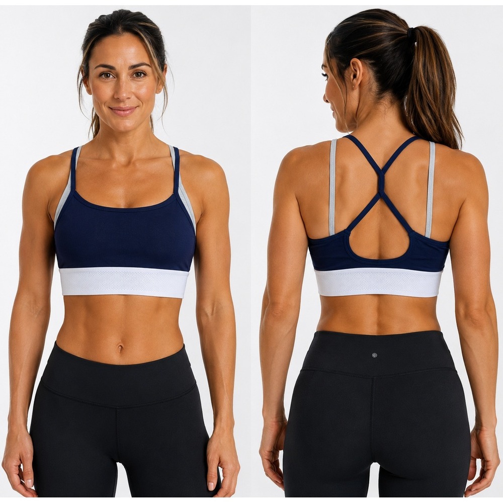 Fabletics Women Medium Navy Blue Grey Layered Strappy Sports Bra BA2042297-9585